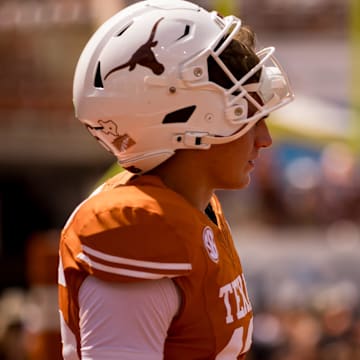 Texas Longhorns quarterback Arch Manning (16) on Sept. 13, 2025 at Darrell K Royal–Texas Memorial Stadium in Austin, Texas. 