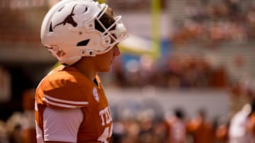 Texas football player, Arch Manning, stands on the field during warm up before a game against UTEP at Darrell K Royal–Texas Memorial Stadium in Austin, Texas, on Saturday, Sept. 13, 2025.