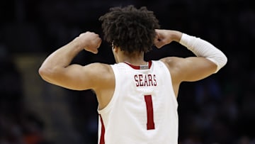 Mar 21, 2025; Cleveland, OH, USA; Alabama Crimson Tide guard Mark Sears (1) reacts in the second half against the Robert Morris Colonials during the NCAA Tournament First Round at Rocket Arena. Mandatory Credit: Rick Osentoski-Imagn Images