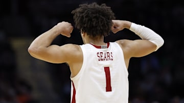Mar 21, 2025; Cleveland, OH, USA; Alabama Crimson Tide guard Mark Sears (1) reacts in the second half against the Robert Morris Colonials during the NCAA Tournament First Round at Rocket Arena. Mandatory Credit: Rick Osentoski-Imagn Images