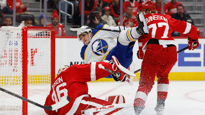Nov 15, 2025; Detroit, Michigan, USA;  Buffalo Sabres center Tage Thompson (72) scores a goal on Detroit Red Wings goaltender John Gibson (36) in the third period at Little Caesars Arena. Mandatory Credit: Rick Osentoski-Imagn Images