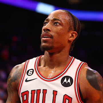 Nov 30, 2022; Phoenix, Arizona, USA; Chicago Bulls forward DeMar DeRozan (11) against the Phoenix Suns at Footprint Center. Mandatory Credit: Mark J. Rebilas-Imagn Images