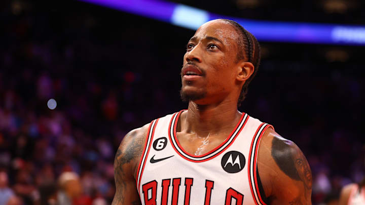 Nov 30, 2022; Phoenix, Arizona, USA; Chicago Bulls forward DeMar DeRozan (11) against the Phoenix Suns at Footprint Center. Mandatory Credit: Mark J. Rebilas-Imagn Images