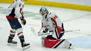 Jan 16, 2025; Ottawa, Ontario, CAN; Washington Capitals defenseman Jakob Chychrun (6) looks on as goalie Logan Thompson (48) makes a save in the third period against the  Ottawa Senators at the Canadian Tire Centre. Mandatory Credit: Marc DesRosiers-Imagn Images
