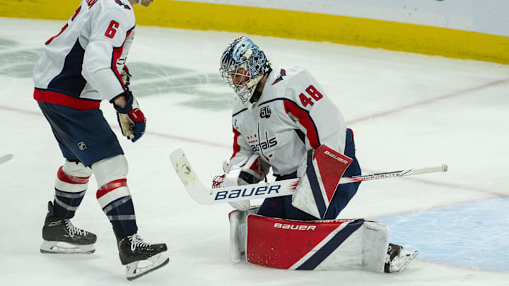Jan 16, 2025; Ottawa, Ontario, CAN; Washington Capitals defenseman Jakob Chychrun (6) looks on as goalie Logan Thompson (48) makes a save in the third period against the  Ottawa Senators at the Canadian Tire Centre. Mandatory Credit: Marc DesRosiers-Imagn Images