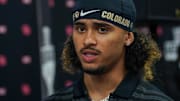 Jul 9, 2025; Frisco, TX, USA; Colorado quarterback Julian Lewis speaks with the media during 2025 Big 12 Football Media Days at The Star. Mandatory Credit: Raymond Carlin III-Imagn Images