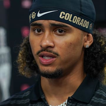 Jul 9, 2025; Frisco, TX, USA; Colorado quarterback Julian Lewis speaks with the media during 2025 Big 12 Football Media Days at The Star. Mandatory Credit: Raymond Carlin III-Imagn Images