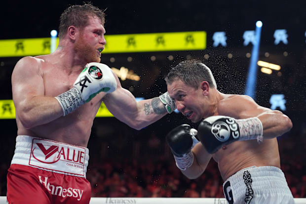 Canelo Alvarez and Gennadiy Golovkin box during a super middleweight championship bout at T-Mobile Arena. 