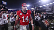 Nov 15, 2025; Athens, Georgia, USA; Georgia Bulldogs quarterback Gunner Stockton (14) looks on after the game against the Texas Longhorns at Sanford Stadium. Mandatory Credit: Brett Davis-Imagn Images