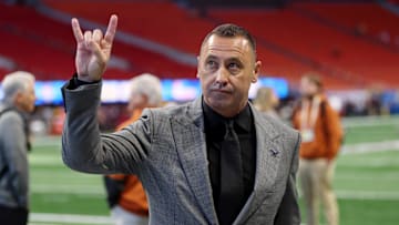 Jan 1, 2025; Atlanta, GA, USA; Texas Longhorns head coach Steve Sarkisian before the Peach Bowl at Mercedes-Benz Stadium. Mandatory Credit: Brett Davis-Imagn Images
