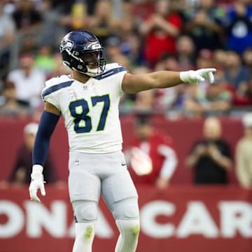 Dec 8, 2024; Glendale, Arizona, USA; Seattle Seahawks tight end Noah Fant (87) against the Arizona Cardinals at State Farm Stadium. Mandatory Credit: Mark J. Rebilas-Imagn Images