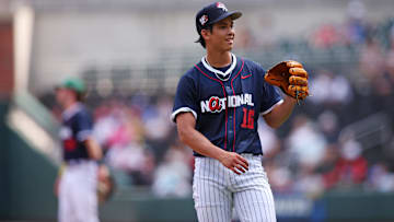 Jul 12, 2025; Atlanta, GA, USA;  National League pitcher Jonah Tong (16) reacts after a pitch during the second inning against American League at Truist Park. Mandatory Credit: Brett Davis-Imagn Images