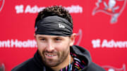 Tampa Bay Buccaneers quarterback Baker Mayfield gives a press conference after mini-camp.