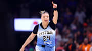 Aug 28, 2025; Phoenix, Arizona, USA; Chicago Sky guard Rachel Banham (24) against the Phoenix Mercury at Phx Arena. Mandatory Credit: Mark J. Rebilas-Imagn Images