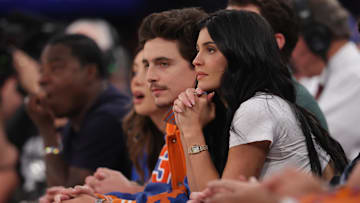 French-American actor Timothee Chalamet and Kylie Jenner look on during the first quarter between the New York Knicks and the Indiana Pacers.