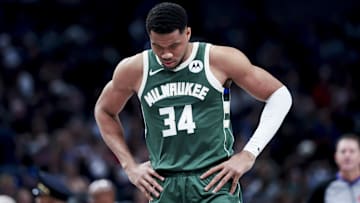 Mar 1, 2025; Dallas, Texas, USA;  Milwaukee Bucks forward Giannis Antetokounmpo (34) reacts against the Dallas Mavericks during the first half at American Airlines Center. Mandatory Credit: Kevin Jairaj-Imagn Images