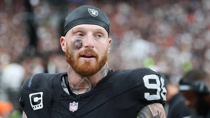 Sep 28, 2025; Paradise, Nevada, USA; Las Vegas Raiders defensive end Maxx Crosby (98) looks on from the sideline during the first quarter against the Chicago Bears at Allegiant Stadium. Mandatory Credit: Kiyoshi Mio-Imagn Images