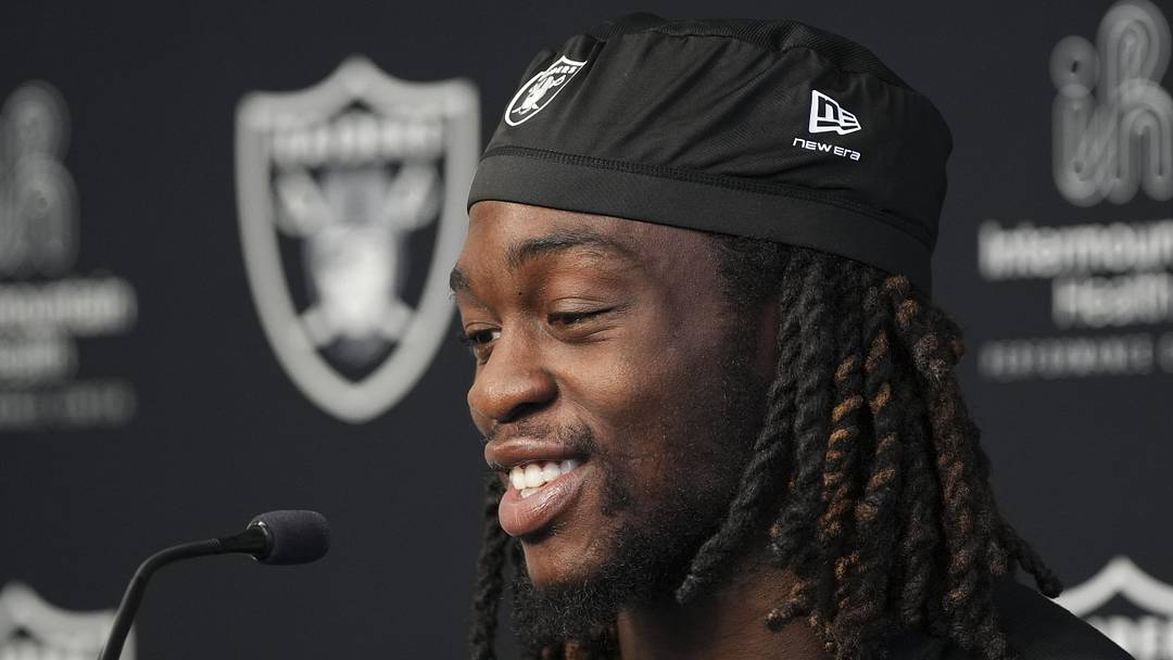 Las Vegas Raiders running back Ashton Jeanty speaks during a news conference during organized team activities.
