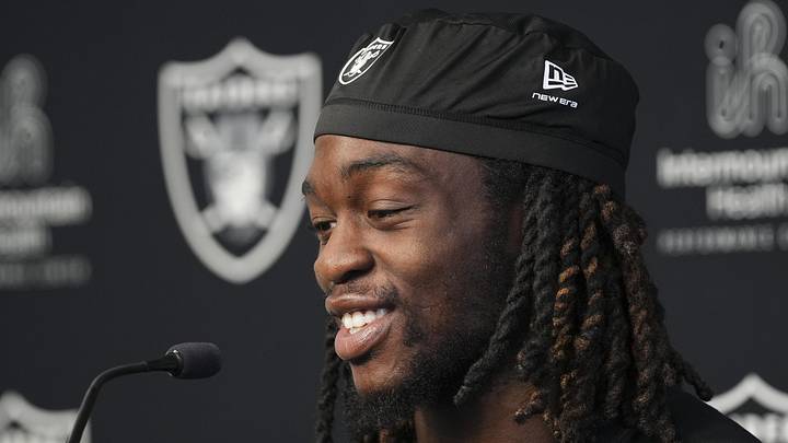 Las Vegas Raiders running back Ashton Jeanty speaks during a news conference during organized team activities.