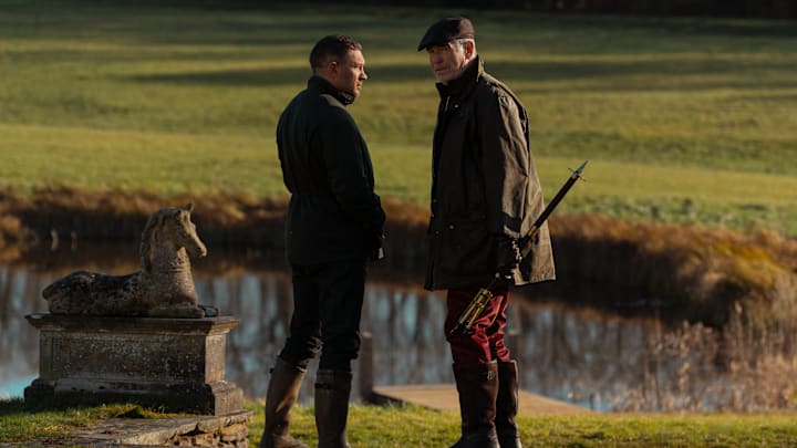 L-R: Tom Hardy as Harry Da Souza and Pierce Brosnan as Conrad Harrigan in "Mobland." Photo Credit: Luke Varley/Paramount+