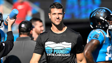 Oct 13, 2024; Charlotte, North Carolina, USA; Head coach Dave Canales before the game at Bank of America Stadium. Mandatory Credit: Bob Donnan-Imagn Images