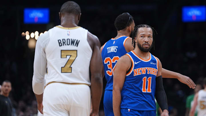 Feb 8, 2026; Boston, Massachusetts, USA; New York Knicks guard Jalen Brunson (11) looks at Boston Celtics guard Jaylen Brown (7) after a play in the first quarter at TD Garden. Mandatory Credit: David Butler II-Imagn Images