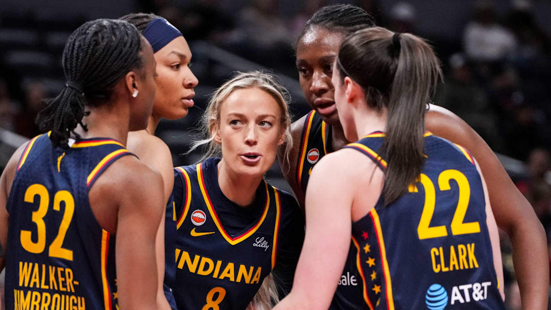 The Indiana Fever huddle up Saturday, May 2, 2026, during the first half of a preseason game at Gainbridge Fieldhouse in Indianapolis.