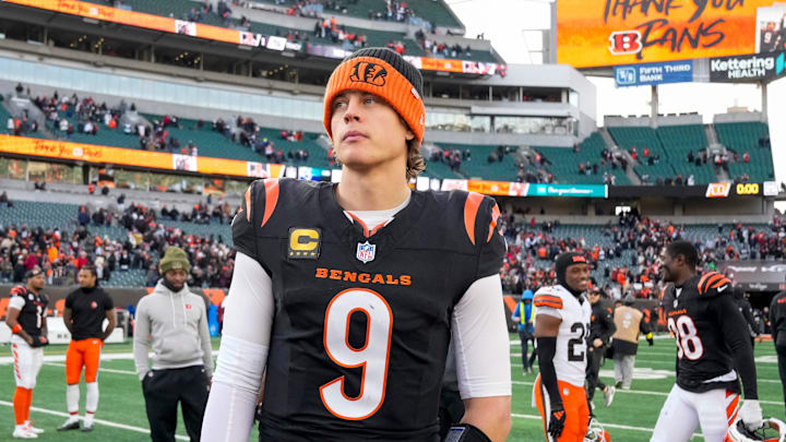 Cincinnati Bengals quarterback Joe Burrow (9) looks for hands to shake after the fourth quarter of the NFL Week 18 game between the Cincinnati Bengals and the Cleveland Browns at Paycor Stadium in Downtown Cincinnati on Sunday, Jan. 4, 2026. The Browns kicked a last second field goal to win 20-18.