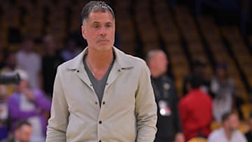 Los Angeles Lakers general manager Rob Pelinka walks on the court before the game against the Minnesota Timberwolves at Crypto.com Arena.