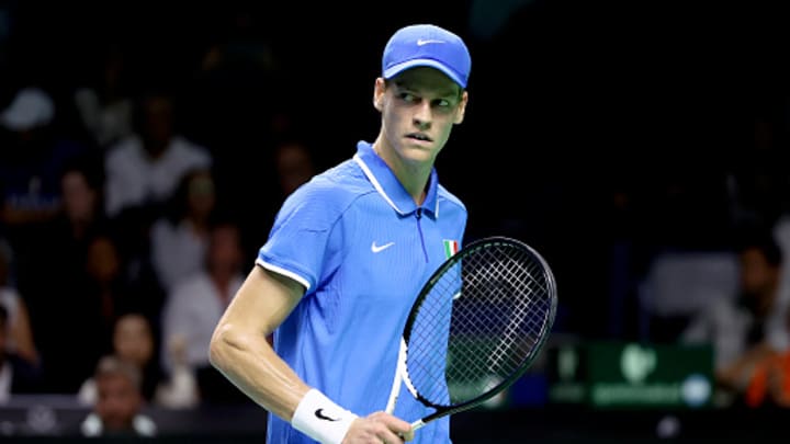 Jannik Sinner reacts to a point during the 2024 Davis Cup Finals. Jannik Sinner reacts to a point during the 2024 Davis Cup Finals.