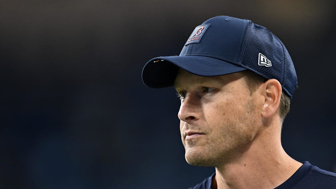 Sep 14, 2025; Detroit, Michigan, USA; Chicago Bears head coach Ben Johnson looks on during warmups prior to the game against the Detroit Lions at Ford Field. Mandatory Credit: Lon Horwedel-Imagn Images