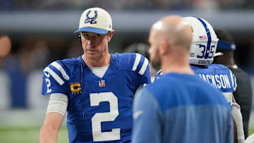 Indianapolis Colts quarterback Matt Ryan (2) walks on the sideline Sunday, Jan. 8, 2023, during a