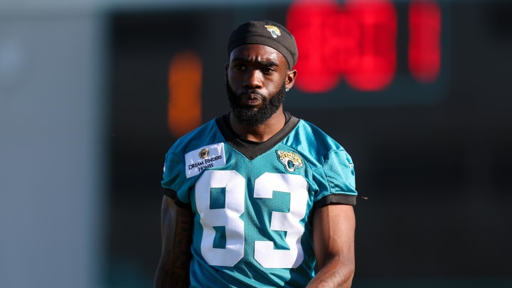 Jul 24, 2024; Jacksonville, FL, USA; Jacksonville Jaguars  wide receiver Denzel Mims (83) participates in training camp at Miller Electric Center. Mandatory Credit: Nathan Ray Seebeck-USA TODAY Sports