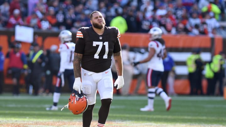 Oct 16, 2022; Cleveland, Ohio, USA; Cleveland Browns offensive tackle Jedrick Wills Jr. (71) walks off the field after the Browns lost to New England Patriots at FirstEnergy Stadium. Mandatory Credit: Lon Horwedel-USA TODAY Sports