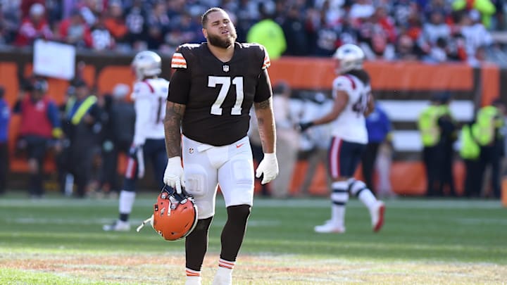 Oct 16, 2022; Cleveland, Ohio, USA; Cleveland Browns offensive tackle Jedrick Wills Jr. (71) walks off the field after the Browns lost to New England Patriots at FirstEnergy Stadium. Mandatory Credit: Lon Horwedel-Imagn Images