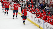 Apr 4, 2025; Washington, District of Columbia, USA; Washington Capitals left wing Alex Ovechkin (8) celebrates with players on the bench after scoring a goal against the Chicago Blackhawks during the first period at Capital One Arena. Mandatory Credit: Amber Searls-Imagn Images