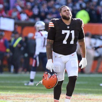 Oct 16, 2022; Cleveland, Ohio, USA; Cleveland Browns offensive tackle Jedrick Wills Jr. (71) walks off the field after the Browns lost to New England Patriots at FirstEnergy Stadium. Mandatory Credit: Lon Horwedel-USA TODAY Sports
