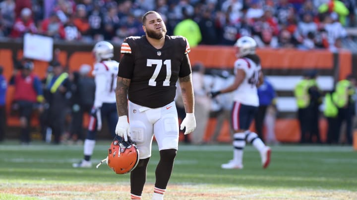 Oct 16, 2022; Cleveland, Ohio, USA; Cleveland Browns offensive tackle Jedrick Wills Jr. (71) walks off the field after the Browns lost to New England Patriots at FirstEnergy Stadium. Mandatory Credit: Lon Horwedel-USA TODAY Sports