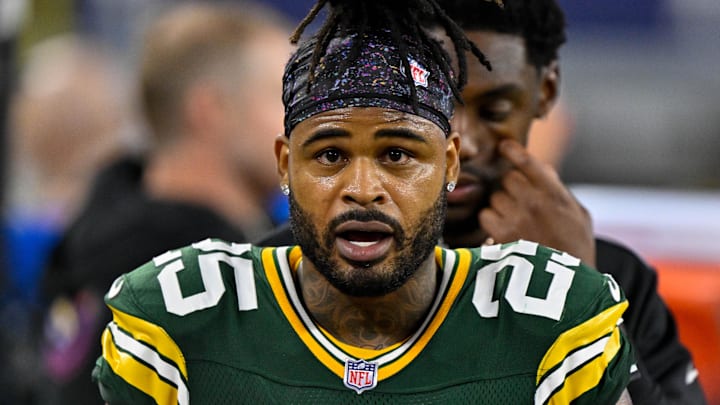 Sep 28, 2025; Arlington, Texas, USA; Green Bay Packers cornerback Keisean Nixon (25) looks on from the sidelines during the game between the Dallas Cowboys and the Green Bay Packers at AT&T Stadium.