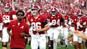 Sep 6, 2025; Tuscaloosa, Alabama, USA; Alabama Crimson players take the field before a game against the Louisiana Monroe Warhawks at Saban Field at Bryant-Denny Stadium. Mandatory Credit: David Leong-Imagn Images