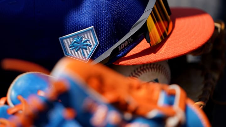 Mar 23, 2019; Lake Buena Vista, FL, USA; A view of the Grapefruit League logo on the hat of New York Mets second baseman Robinson Cano (24) prior to the game against the Atlanta Braves at Champion Stadium. Mandatory Credit: Aaron Doster-Imagn Images