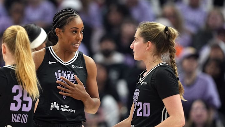 Golden State Valkyries forward Monique Billings and guard Kate Martin against the Los Angeles Sparks at Chase Center. Golden State Valkyries forward Monique Billings and guard Kate Martin against the Los Angeles Sparks at Chase Center.