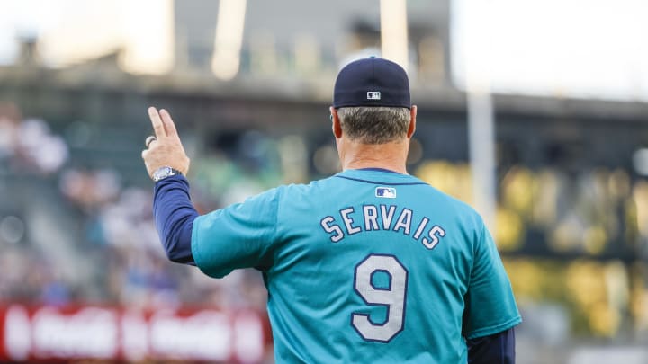 Seattle Mariners manager Scott Servais (9) signals for a pitching change against the Philadelphia Phillies during the fifth inning at T-Mobile Park on Aug 3.