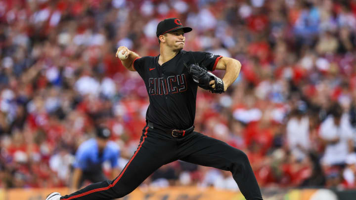 Jul 5, 2024; Cincinnati, Ohio, USA; Cincinnati Reds starting pitcher Carson Spiers (68) pitches against the Detroit Tigers in the fifth inning at Great American Ball Park. Mandatory Credit: Katie Stratman-USA TODAY Sports