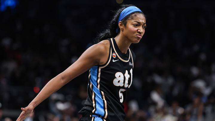 Oct 7, 2026; Atlanta, Georgia, USA;  Atlanta Dream forward Angel Reese (5) reacts to a play against the New York Liberty during overtime of game two of the second round for the 2026 WNBA Playoffs at State Farm Arena.  Mandatory Credit: Jordan Godfree-Imagn Images