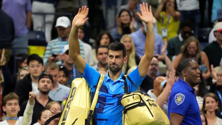 Aug 30, 2024; Flushing, NY, USA;  Novak Djokovic (SRB) after losing to Alexei Popyrin (AUS) on day five of the 2024 U.S. Open tennis tournament at USTA Billie Jean King National Tennis Center. Mandatory Credit: Robert Deutsch-USA TODAY Sports