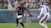 Nov 9, 2025; Chicago, Illinois, USA; Chicago Bears wide receiver Rome Odunze (15) makes a catch against New York Giants safety Jevon Holland (8) during the first half at Soldier Field. Mandatory Credit: Mike Dinovo-Imagn Images