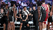Nov 27, 2024; Paradise Island, Bahamas, BHS; Providence Friars guard Jabri Abdur-Rahim (3) reacts during the first half against the Oklahoma Sooners at the Atlantis Resort.  Mandatory Credit: Kevin Jairaj-Imagn Images