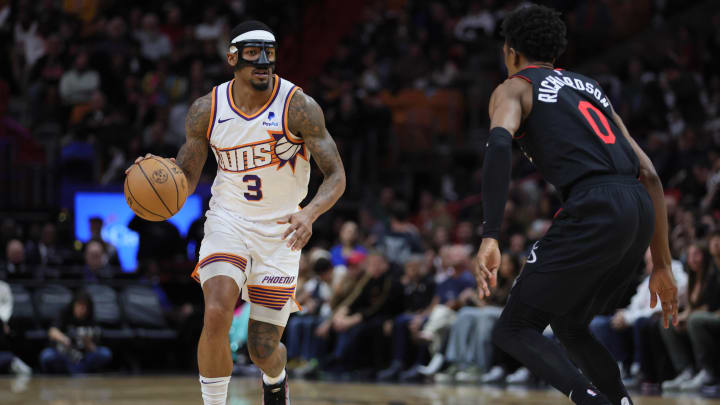 Jan 29, 2024; Miami, Florida, USA; Phoenix Suns guard Bradley Beal (3) dribbles the basketball