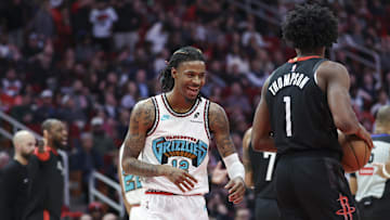 Jan 13, 2025; Houston, Texas, USA; Memphis Grizzlies guard Ja Morant (12) smiles after a play during the second quarter against the Houston Rockets at Toyota Center. Mandatory Credit: Troy Taormina-Imagn Images